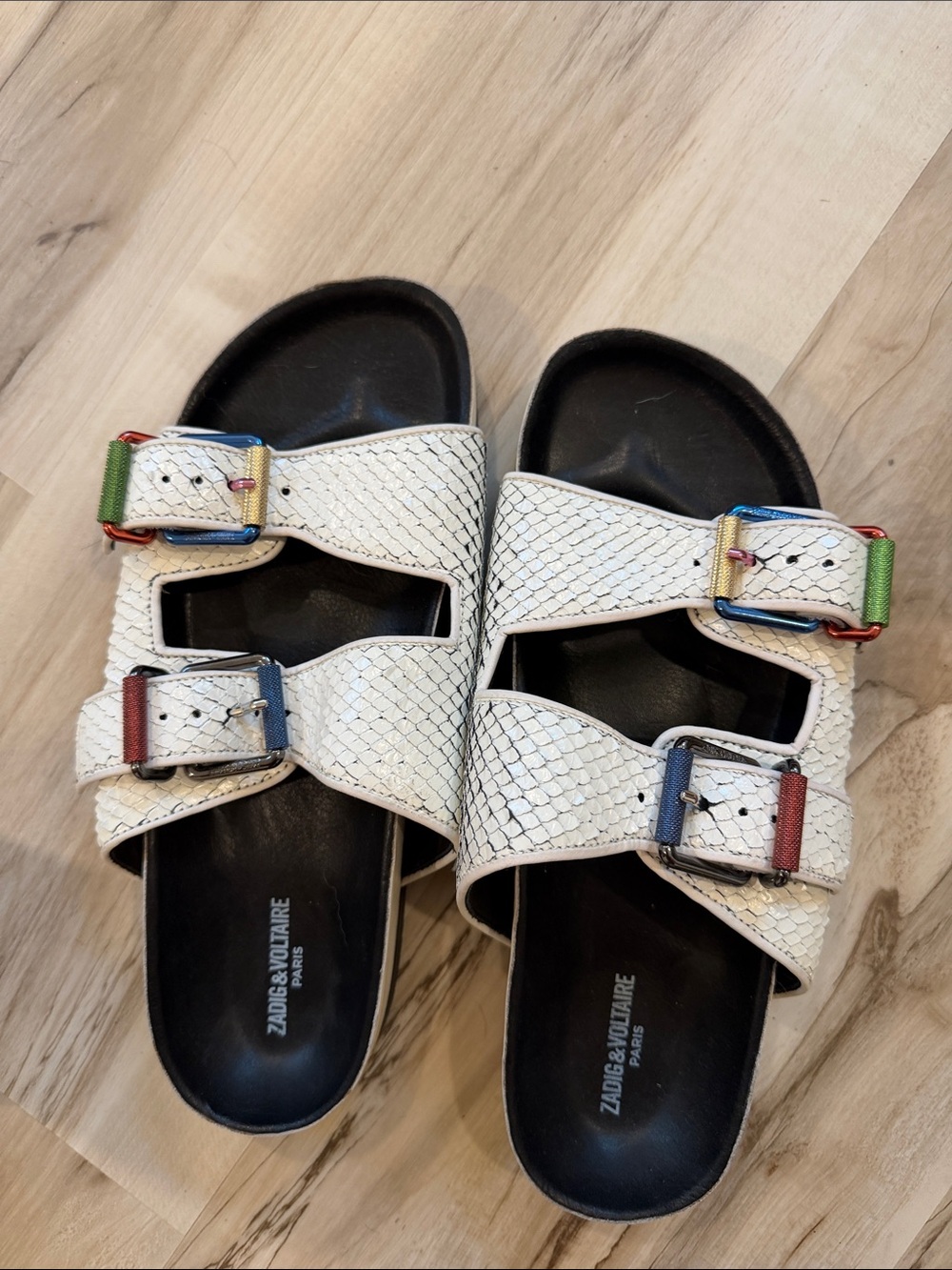 Zadig & Voltaire White Snake-Embossed Dual Buckle Slides with Multicolor Accents